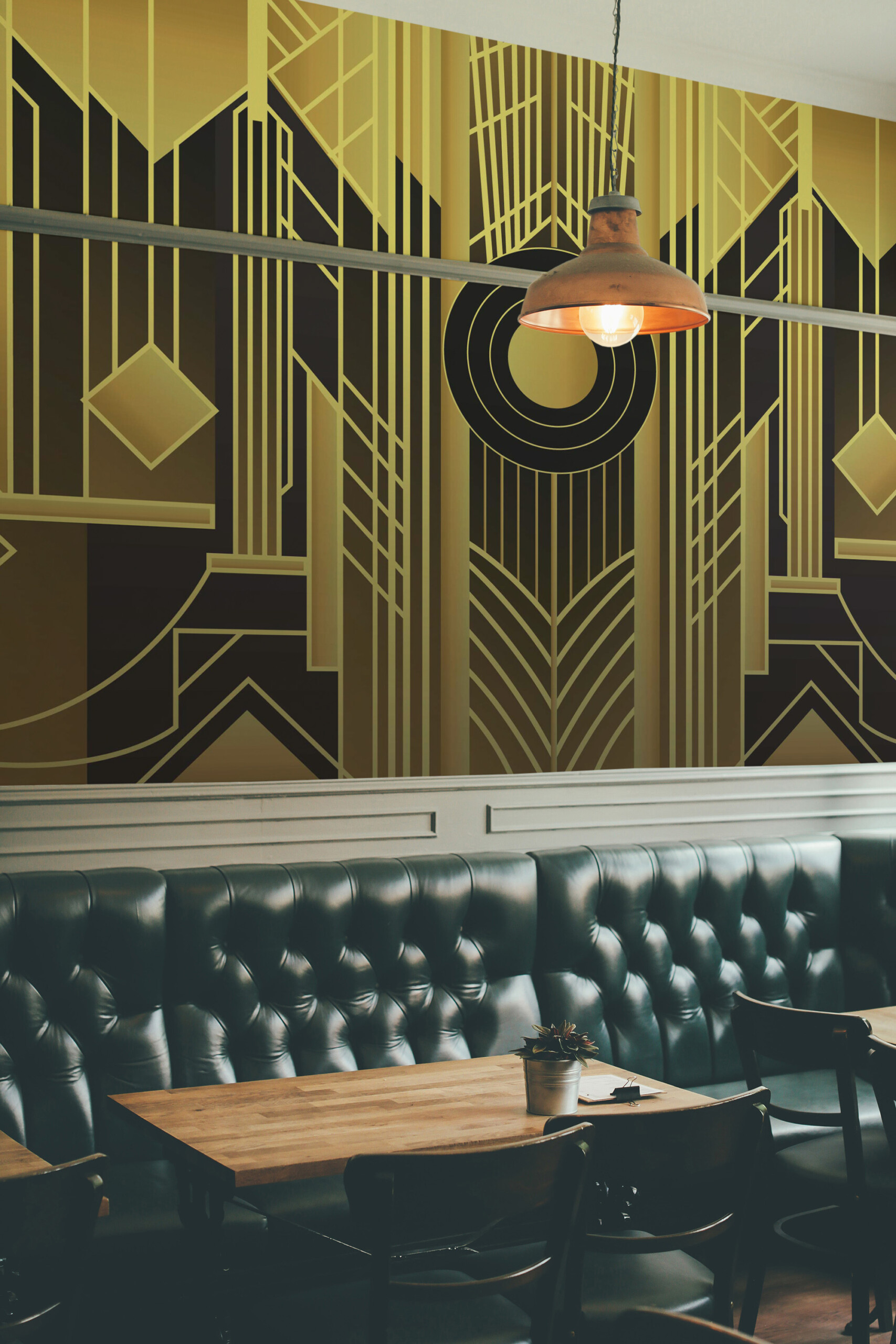 Fancy Walls Radiant Art Deco Geometry peel and stick wall mural with bold geometric lines in gold and black.