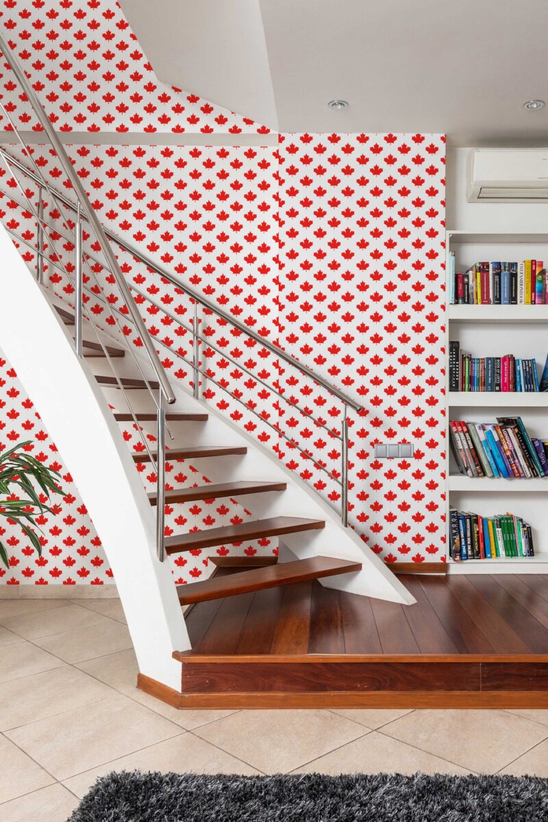 Fancy Walls self-adhesive wallpaper featuring bold red maple leaves for festive interiors.