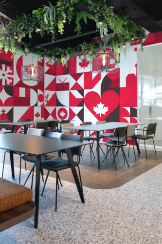 Fancy Walls Modern Canada Tiles wall mural highlighting Canadian icons in bold red and white tiles.