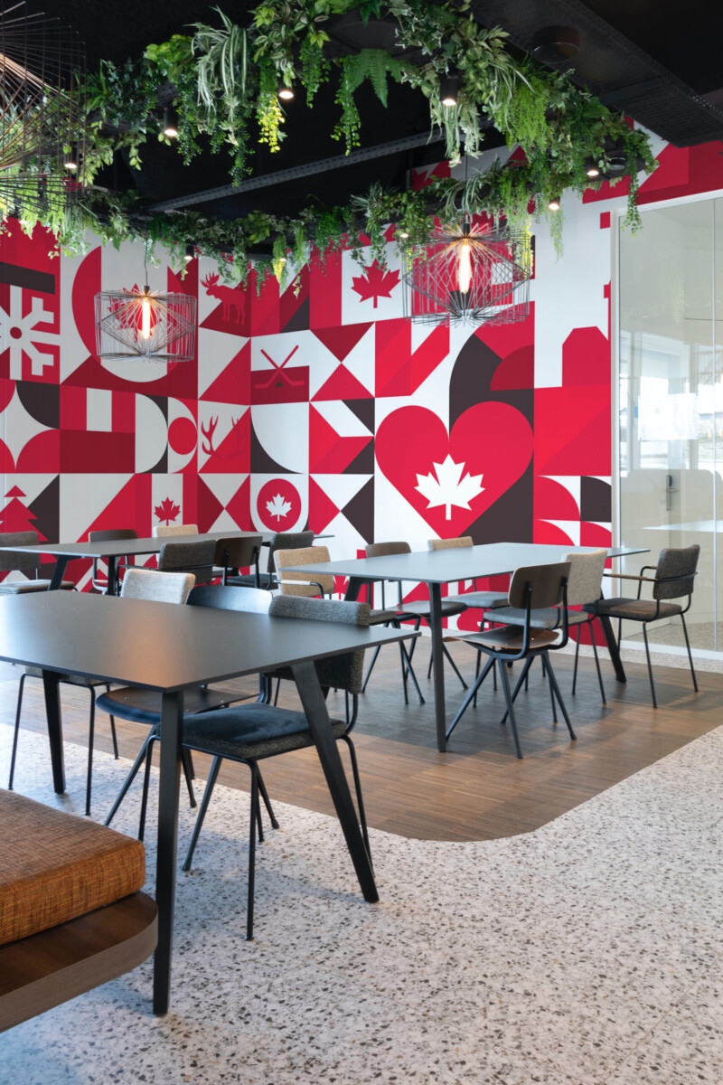 Fancy Walls Modern Canada Tiles wall mural highlighting Canadian icons in bold red and white tiles.