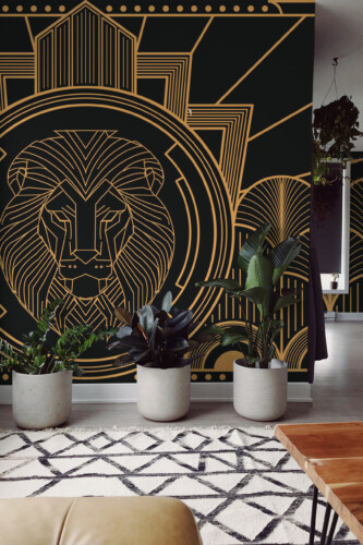 Fancy Walls Regal Golden Deco Lion peel and stick wall mural with bold Art Deco lion motif in gold and black.