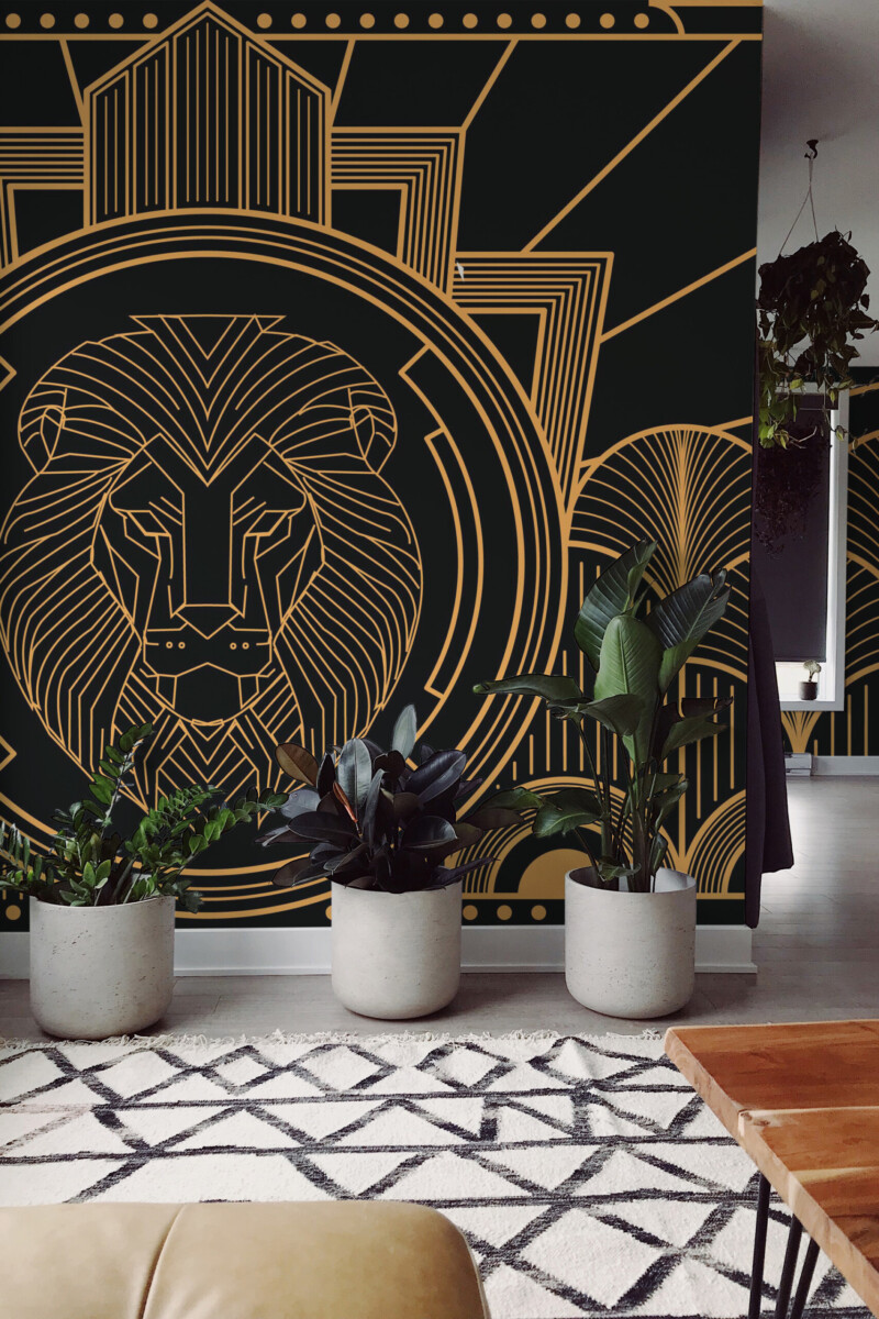 Fancy Walls Regal Golden Deco Lion peel and stick wall mural with bold Art Deco lion motif in gold and black.