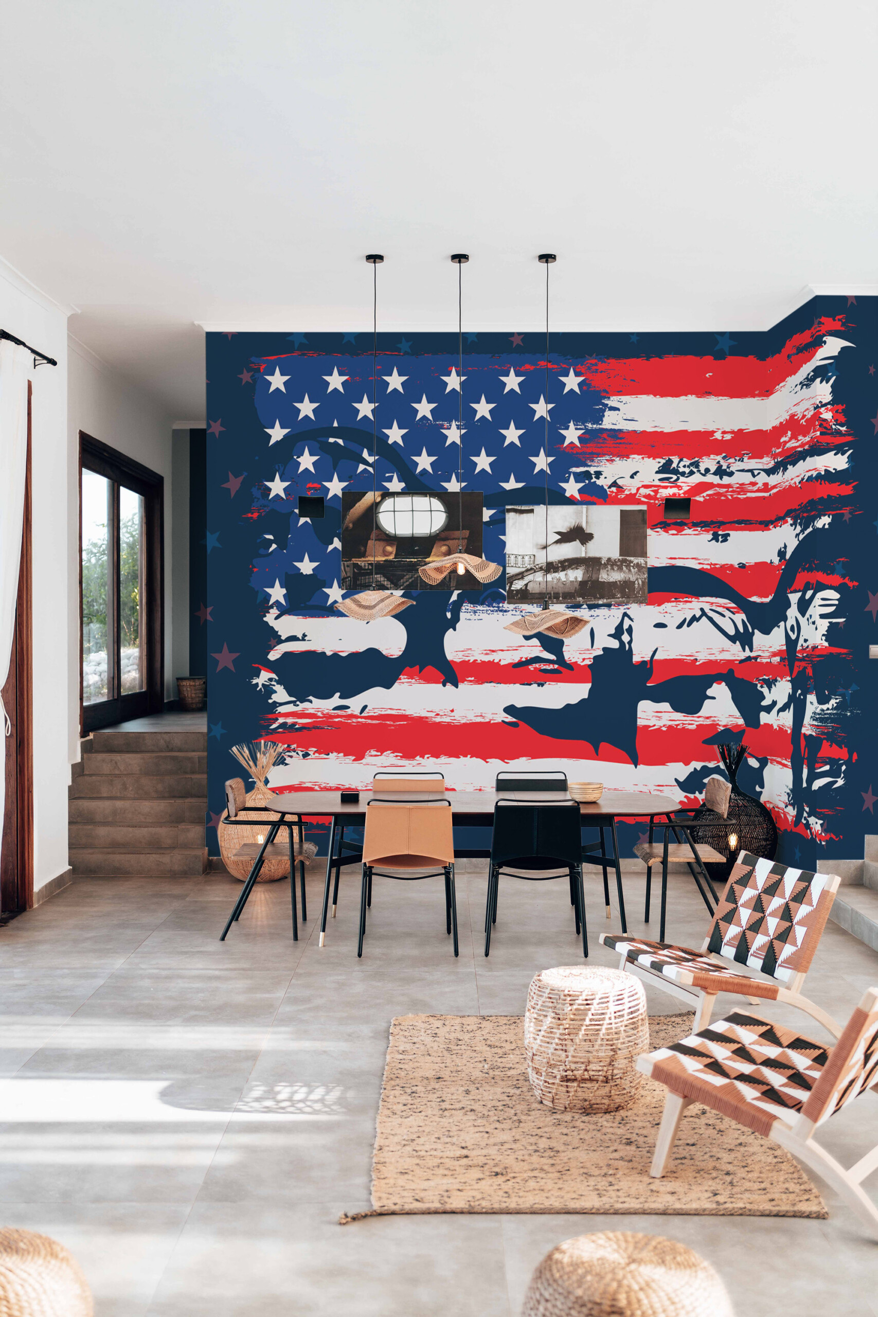 Fancy Walls Graffiti Rushmore Flag commercial peel and stick wall mural with modern patriotic art.