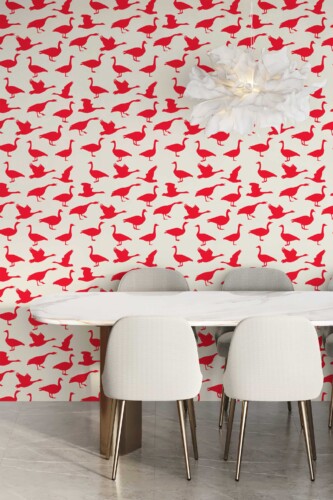 Fancy Walls removable wallpaper showcasing whimsical red Canada goose design ideal for cozy interiors.