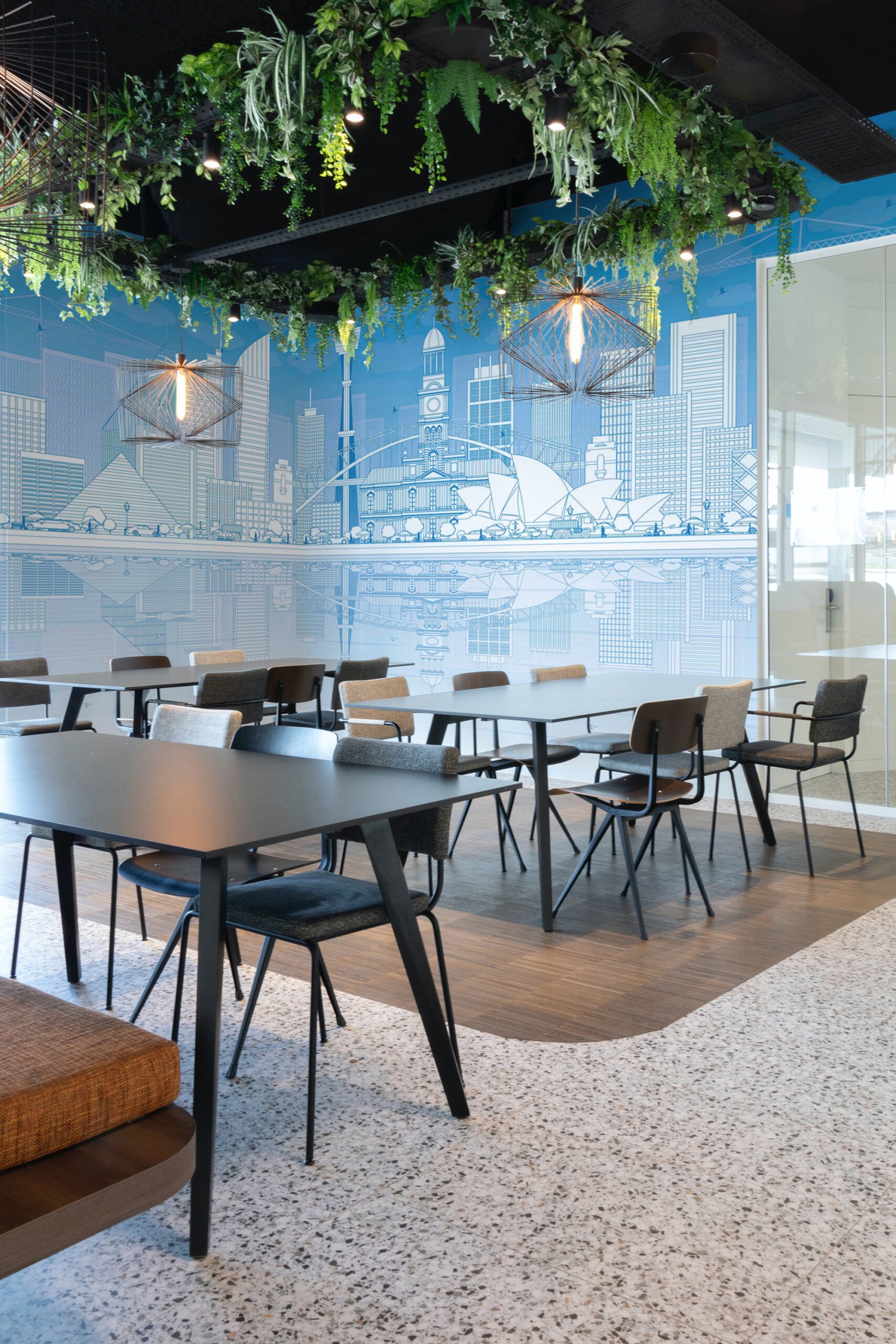 Fancy Walls Sidney Skyline wall mural printing with clean blue line art architecture and water reflection.