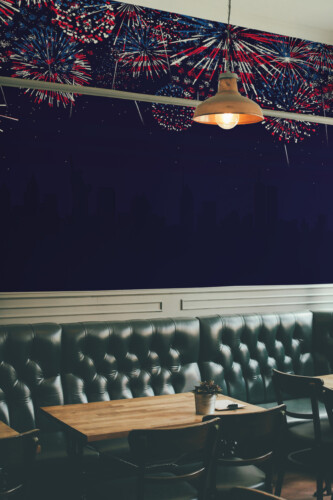 Fancy Walls Patriotic Fireworks Skyline wall mural showcasing dark blue city skyline under patriotic fireworks.