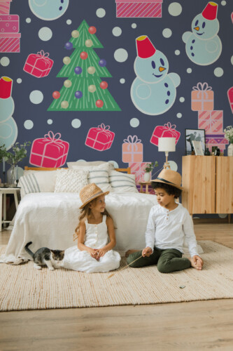 Fancy Walls Snowy Joy peel and stick wall mural with colorful cute Christmas snowmen and trees.