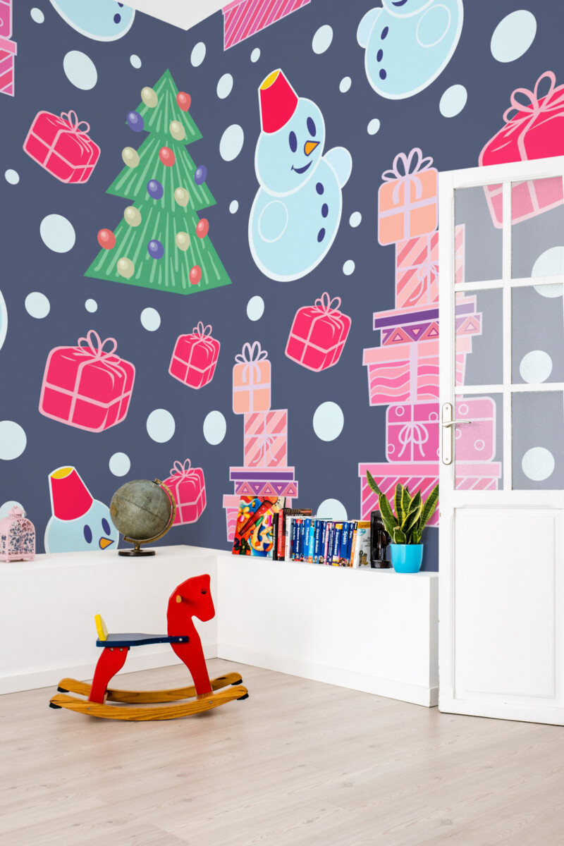 Fancy Walls Snowy Joy wall mural peel and stick design featuring cheerful festive characters.