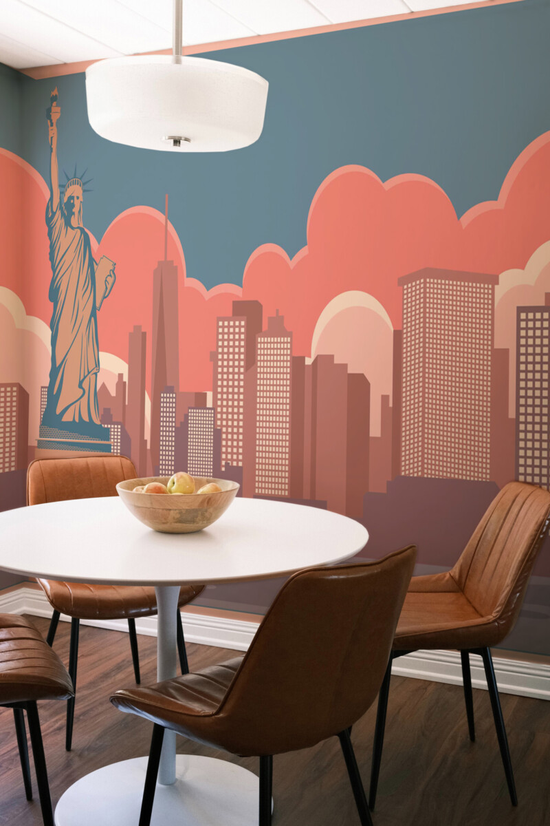 Fancy Walls Terracotta Manhattan wall mural showing geometric New York buildings with warm sunset tones.