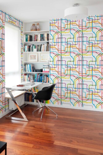 Fancy Walls removable wallpaper showing colorful Underground map patterns for energetic contemporary spaces.