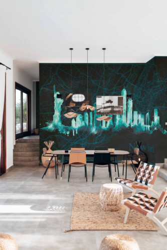 Fancy Walls Turquoise New York Map peel and stick wall mural with glowing watercolor skyline and detailed NYC street map.