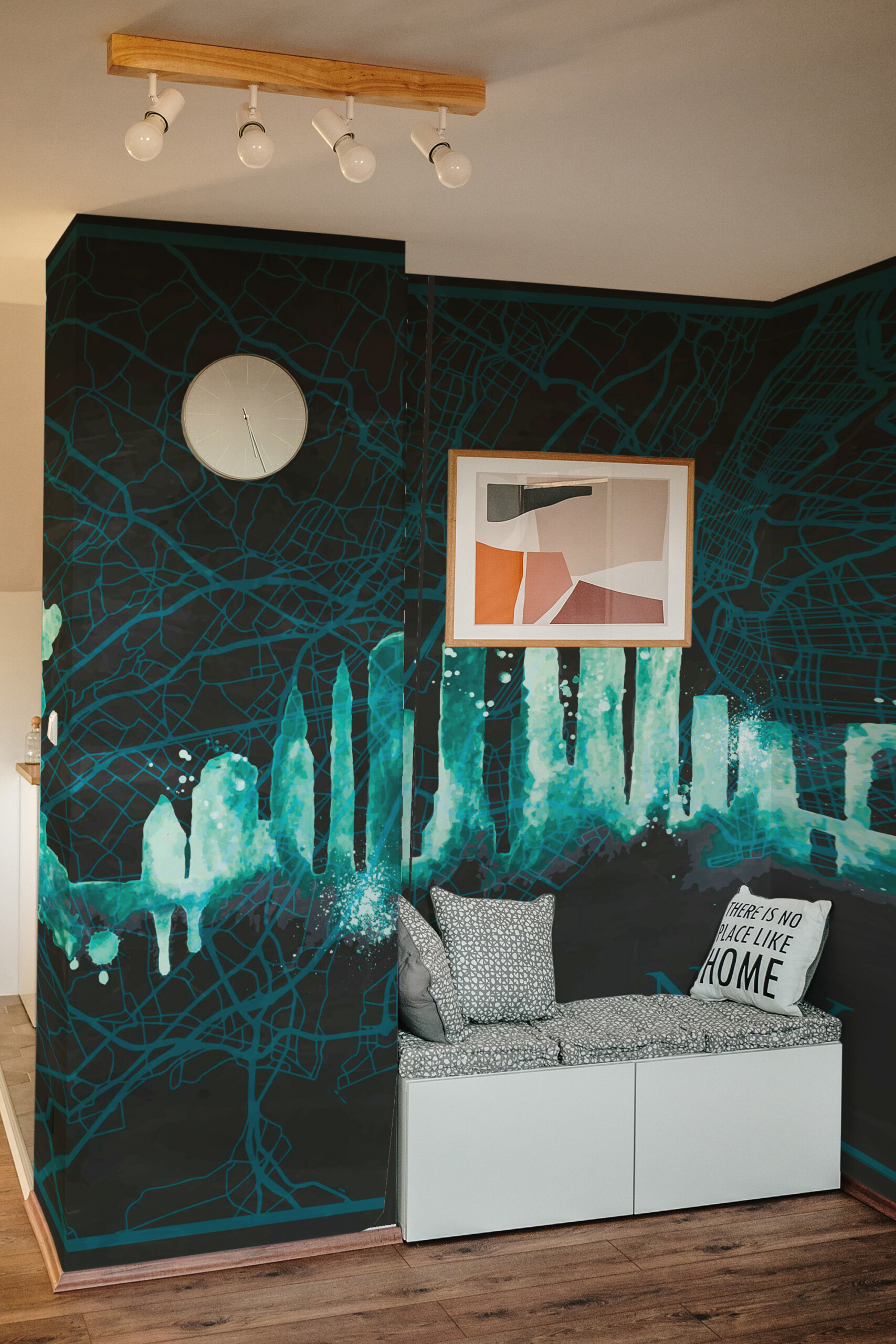 Fancy Walls Turquoise New York Map wall mural peel and stick featuring turquoise city silhouette over bold map lines.
