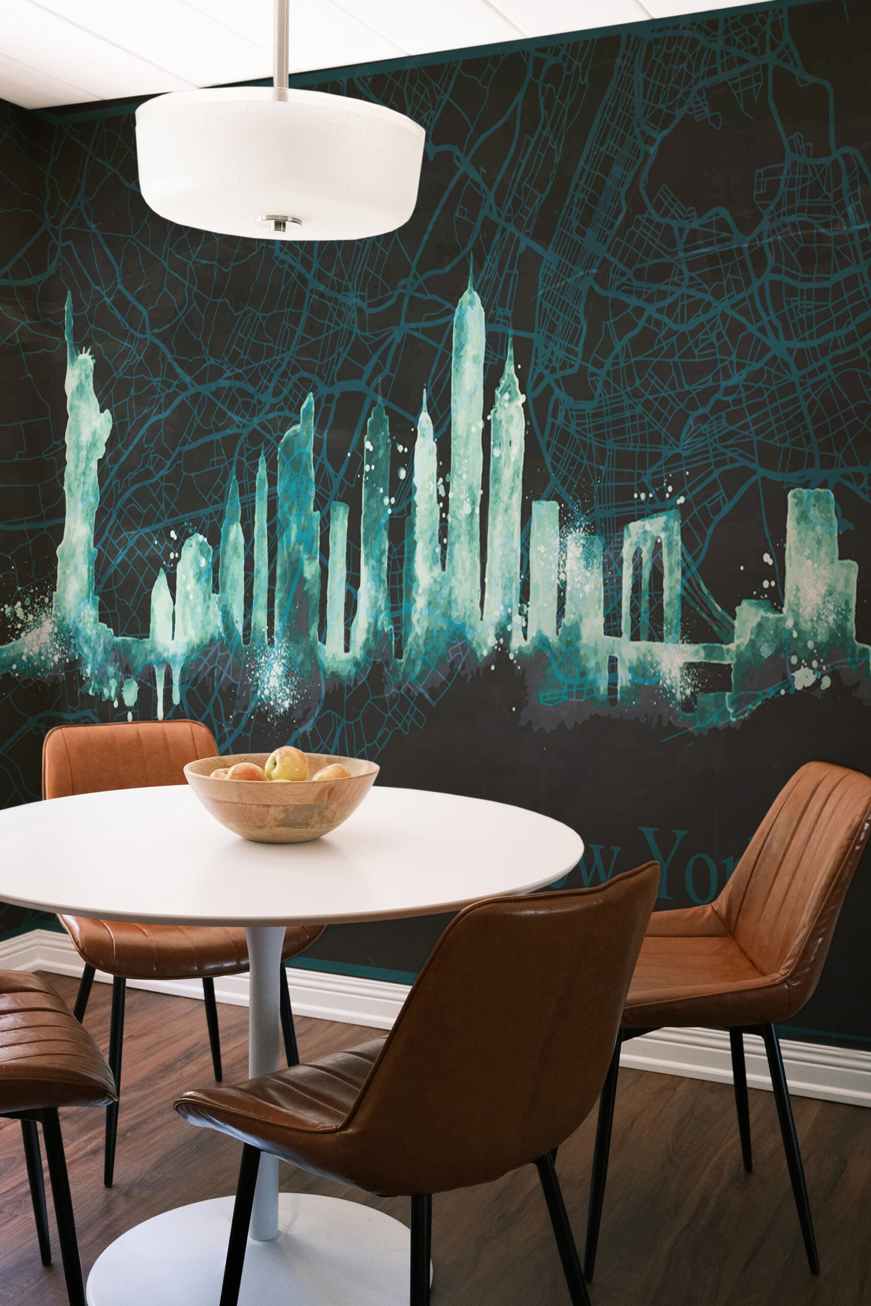 Fancy Walls Turquoise New York Map printed wall mural with illuminated watercolor skyline and intricate mapped streets.