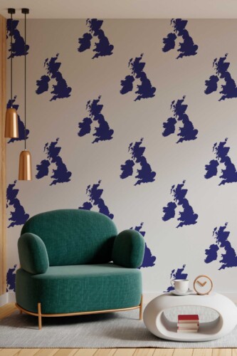 Fancy Walls traditional wallpaper featuring navy UK map outlines on white for a classic cartographic feel.