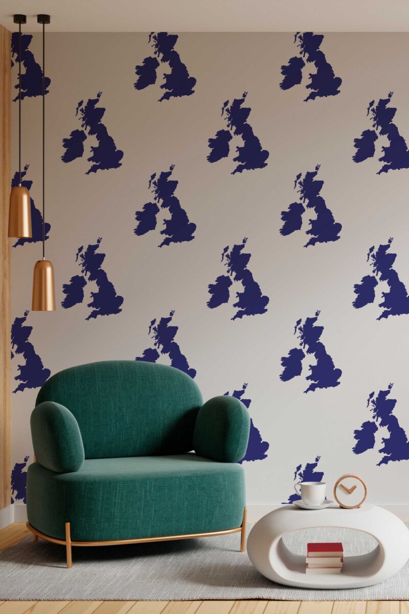Fancy Walls traditional wallpaper featuring navy UK map outlines on white for a classic cartographic feel.