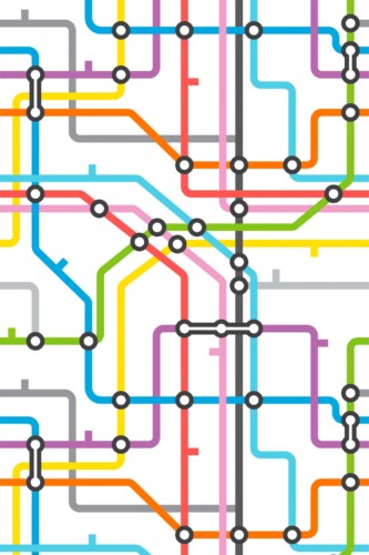 Fancy Walls self-adhesive wallpaper with bright tube map line art for a playful modern interior.