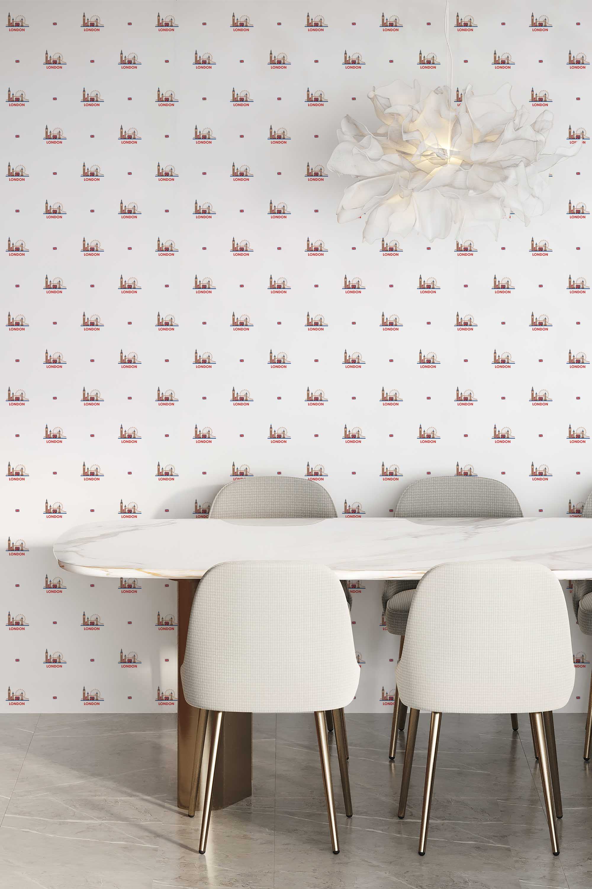 Fancy Walls peel and stick wallpaper featuring minimalist London skyline vignettes on white.