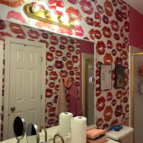 Customer review showcasing red lip design peel and stick wallpaper