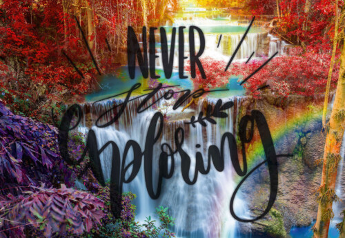 ever Stop Exploring premium canvas print with colorful waterfall landscape