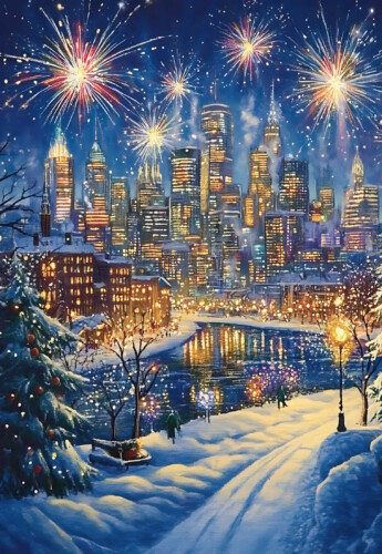 Painted Christmas City Night premium canvas print with snowy city skyline and fireworks