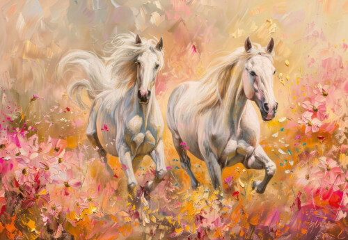 Painted White Horses premium canvas print with running horses and floral accents