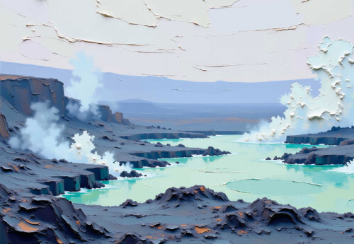 Painted Rocky Coast premium canvas print with textured cliffs and turquoise water