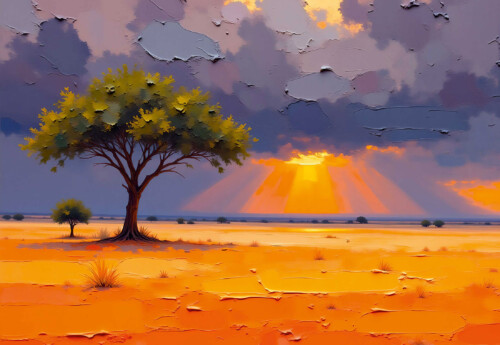 Painted Look Sunlit Landscape premium canvas print with sunlit plain and solitary tree