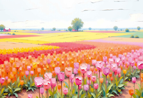 Vibrant Tulip Meadow canvas print with colorful spring tulips and open countryside