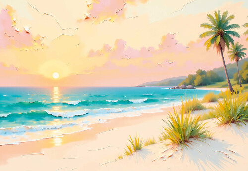 Beach Sunset canvas print showing a soft coastal sunset with palm trees and calm ocean waves