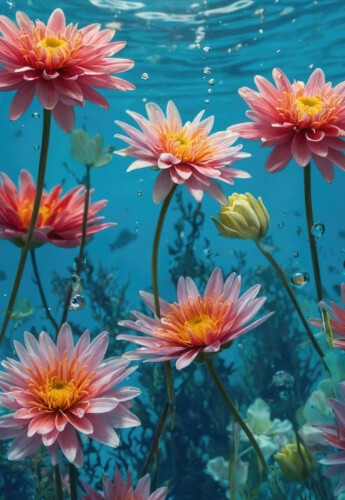 Underwater Florals canvas print showing soft pink flowers floating in clear blue water