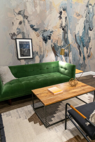 Fancy Walls Abstract Horse Elegance peel and stick wall mural featuring expressive white horses in textured brushstrokes.