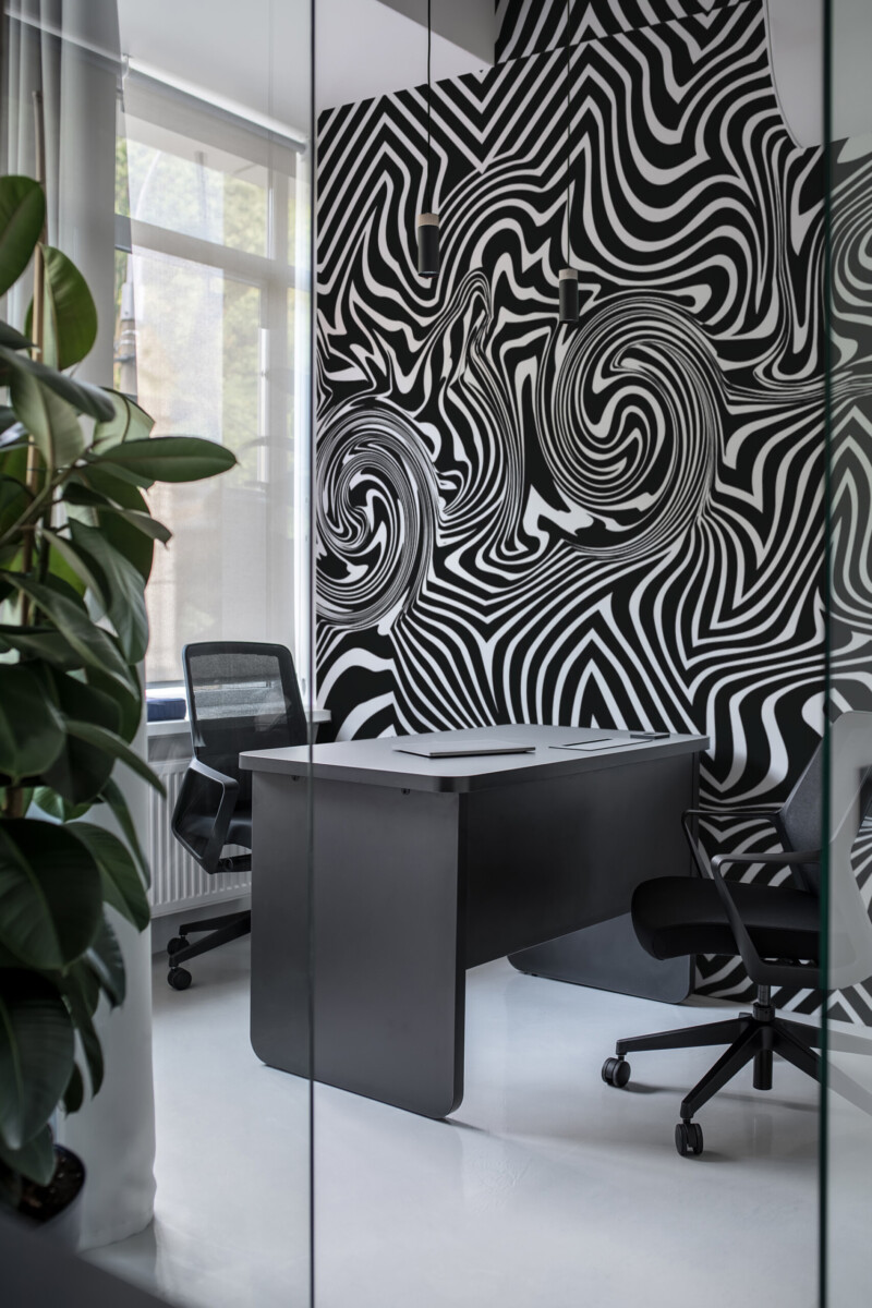 Abstract Illusion Flow peel and stick wall mural featuring hypnotic black-and-white swirls — a PVC-free and eco-friendly removable wallpaper mural.
