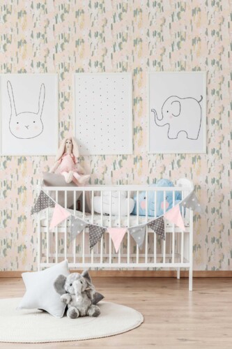 Fancy Walls traditional wallpaper displaying modern beige and pink brush strokes for a minimalist nursery style.