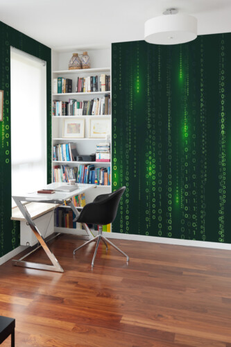 Binary Data Rain wall mural peel and stick design by Fancy Walls with cascading green numbers on dark background.