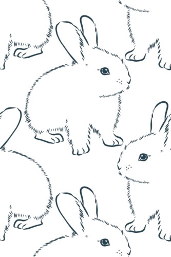 Fancy Walls removable wallpaper showing large fluffy bunny illustrations in blue and white ideal for modern minimalist kids rooms.
