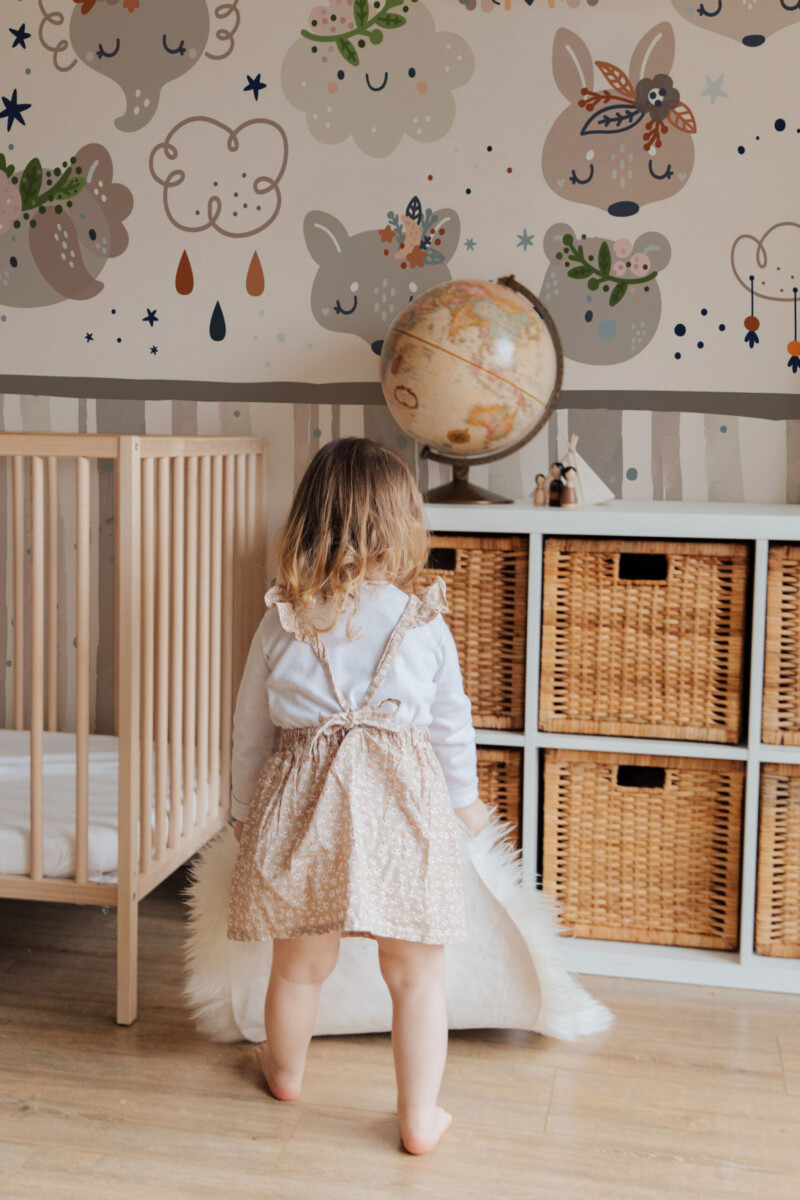 Boho Woodland Dreams peel and stick wall mural featuring sleepy forest animals and soft clouds, ideal for cozy nursery décor with natural boho charm.