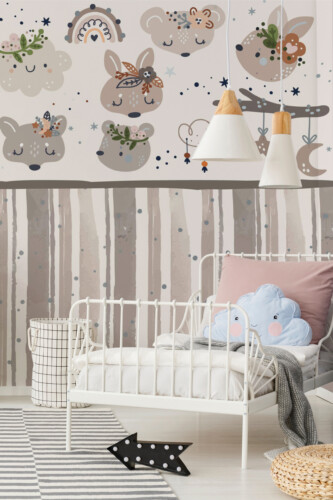 Rustic Forest Friends wall mural with gentle beige tones and floral woodland details, creating soothing nursery atmosphere in PVC-free and eco-friendly finish.