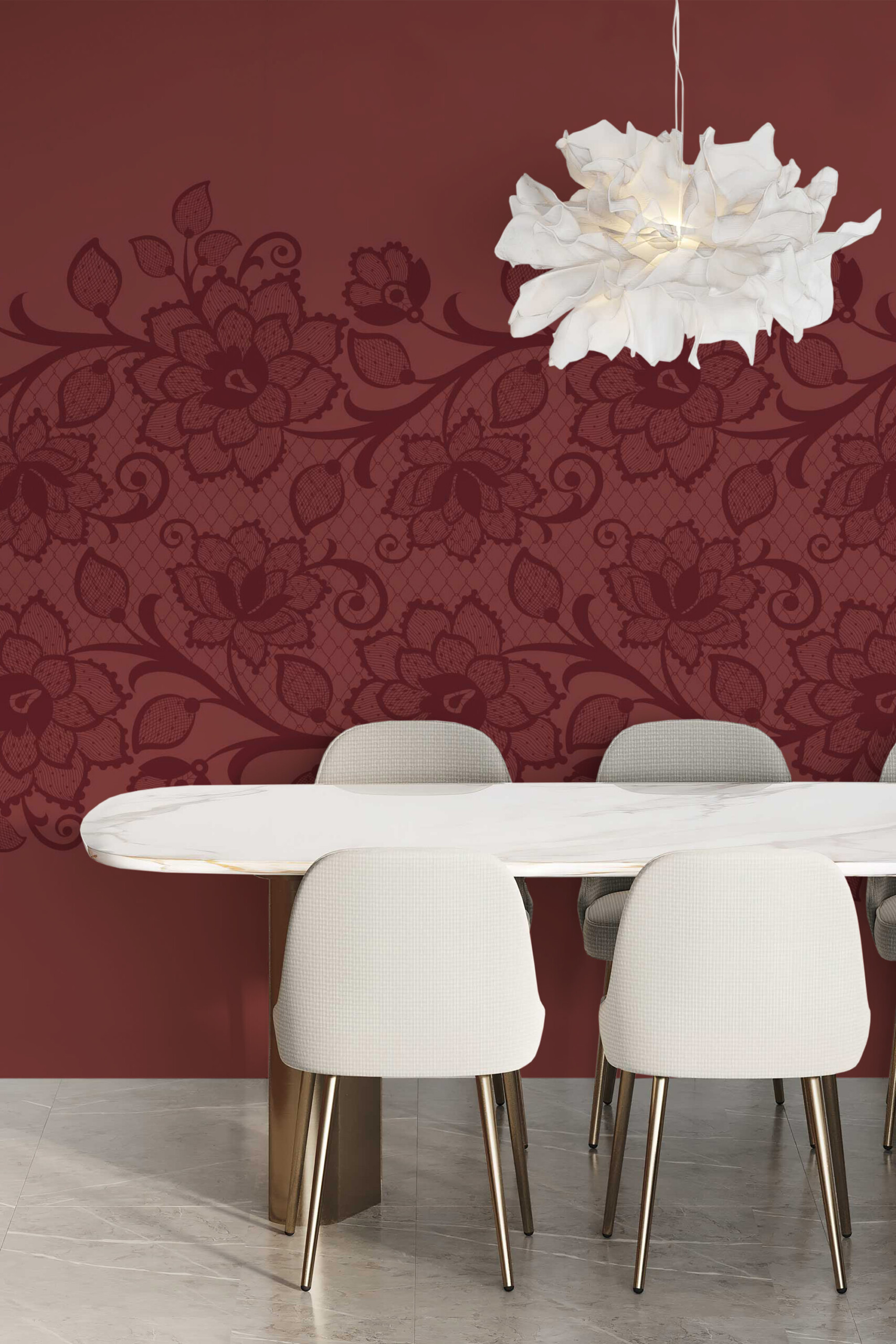 Burgundy Floral Lace wall mural peel and stick design by Fancy Walls adding elegant pattern and refined vintage décor.