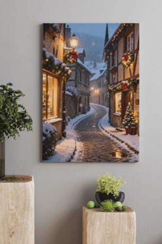 Winter Old Town Street premium canvas print, featuring a cozy snowy city street with warm lights and festive details, ideal for living room, bedroom or seasonal winter décor. Fancy Walls hand-stretched canvas with vivid colors.