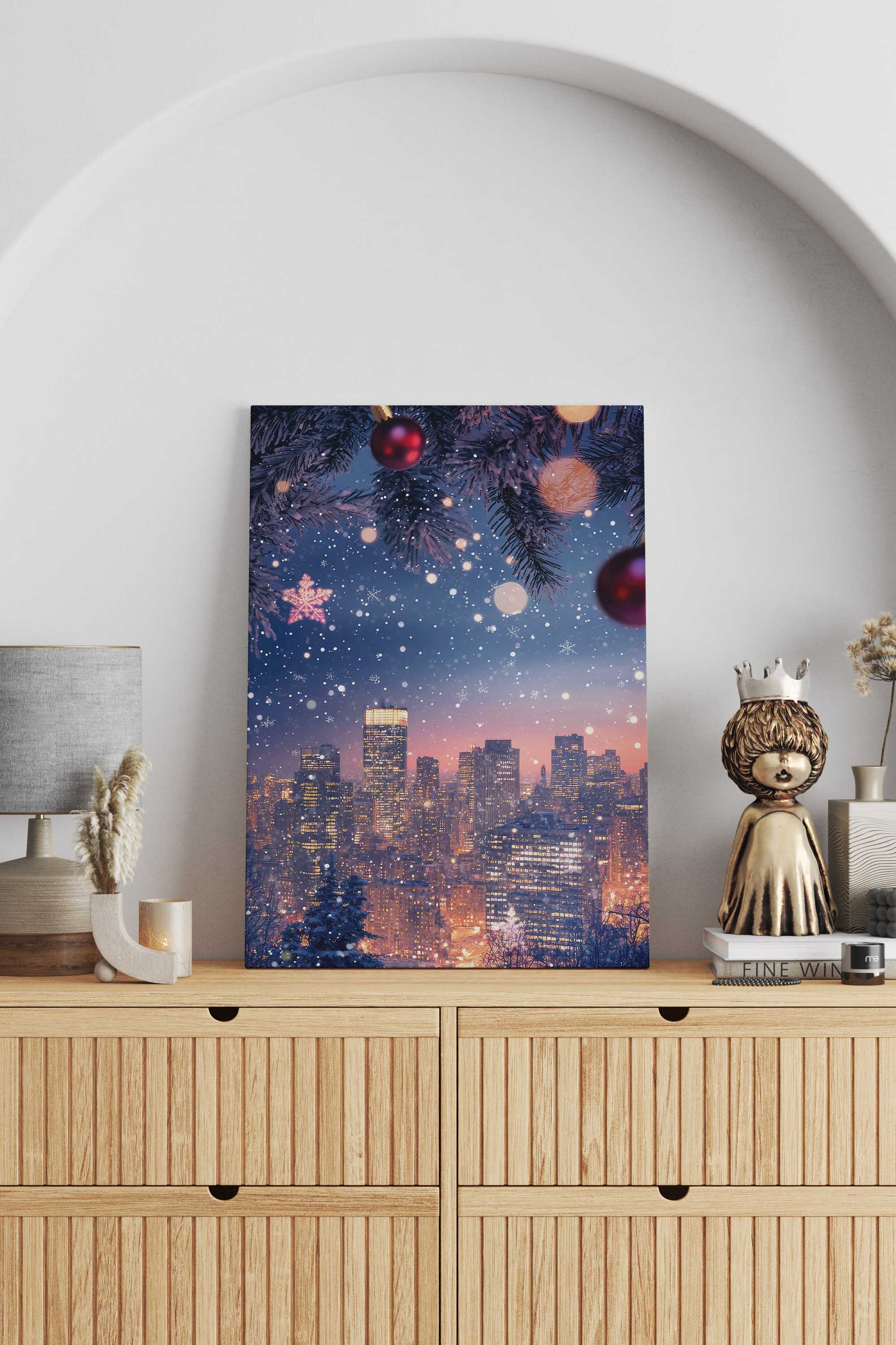 Christmas Cityscape premium canvas print, featuring a festive winter city skyline with glowing lights and falling snow, ideal for living room, bedroom or holiday décor. Fancy Walls hand-stretched canvas with vivid colors.