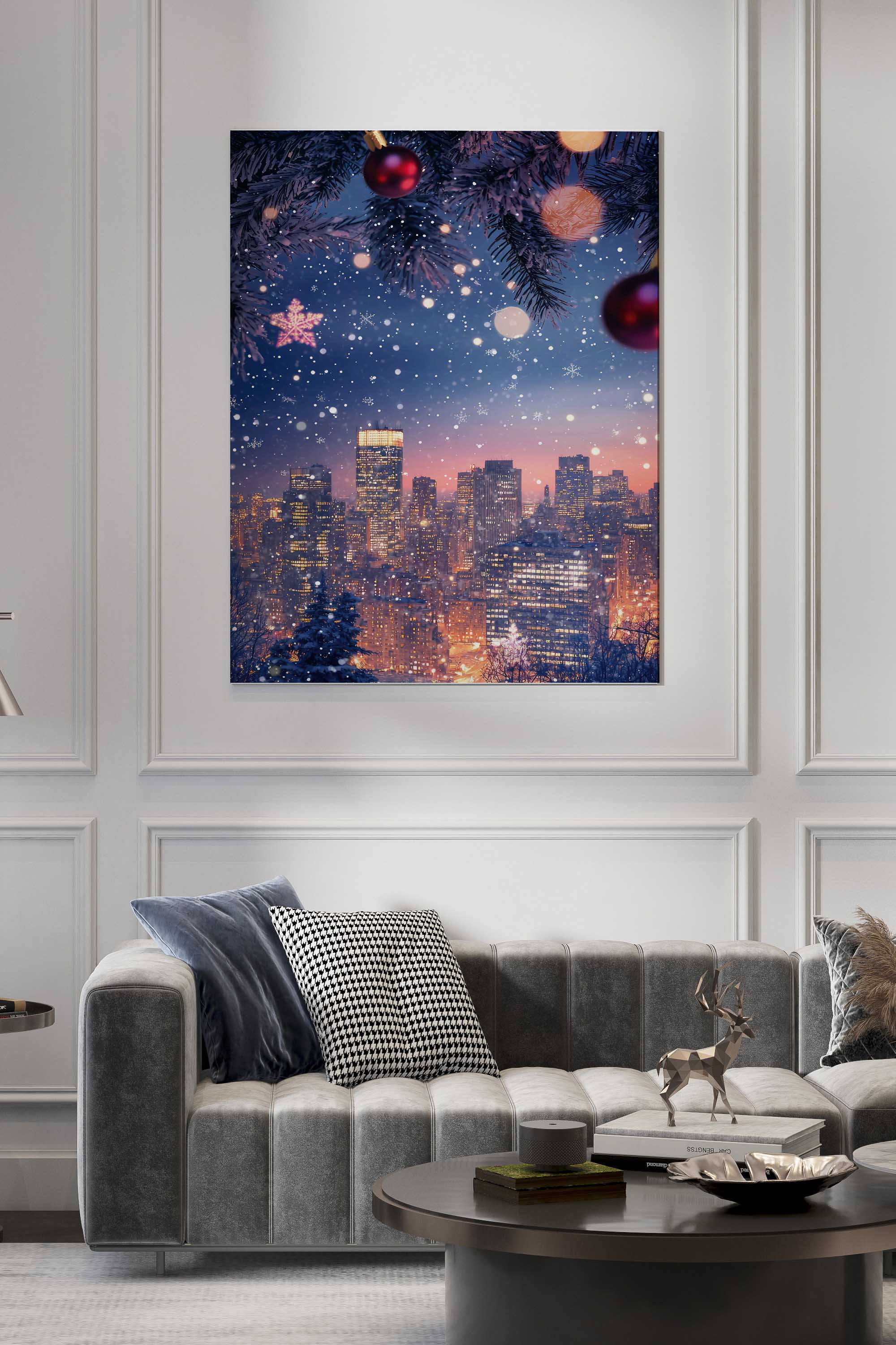 Christmas Cityscape premium canvas print, showcasing a cozy city skyline framed by snowy pine branches and holiday lights, perfect for seasonal interiors or festive home décor. Fancy Walls hand-stretched canvas with vivid colors.