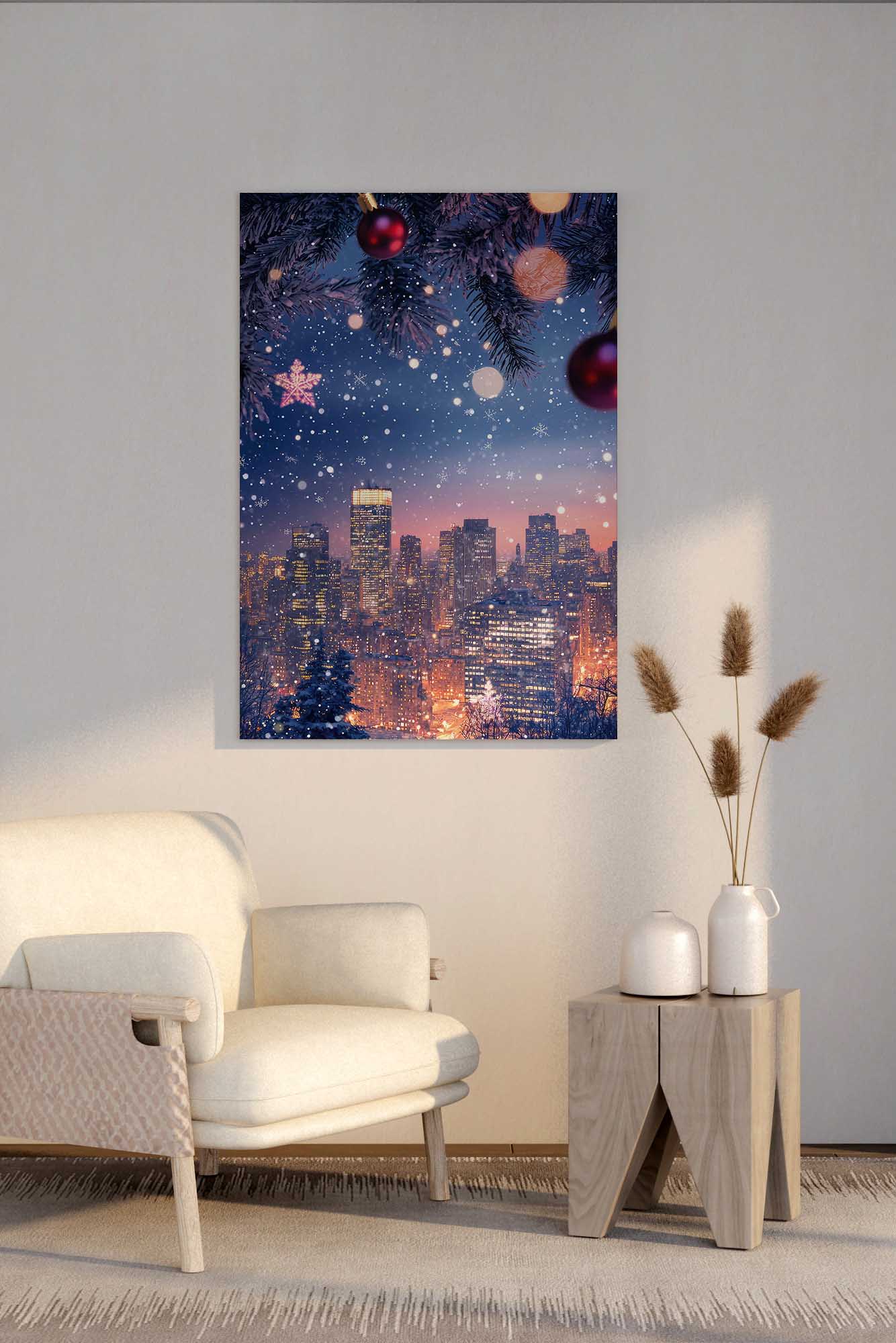 Christmas Cityscape premium canvas print, highlighting a warm holiday city scene with snow, ornaments and glowing windows, ideal for winter décor or Christmas-inspired interiors. Fancy Walls hand-stretched canvas with vivid colors.