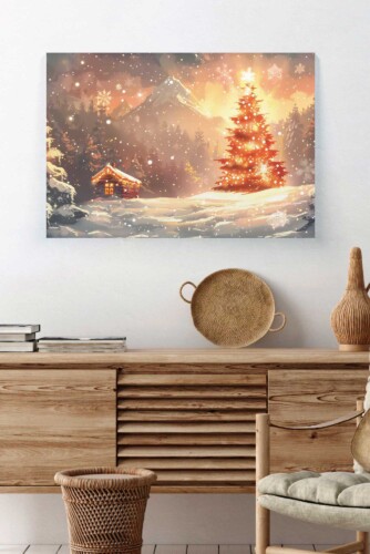 Christmas Forest Glow premium canvas print showing a luminous Christmas tree in snowy forest, ideal for seasonal home décor. Fancy Walls hand-stretched canvas.