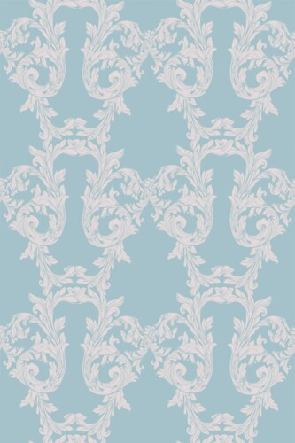 Fancy Walls removable wallpaper with powder blue damask motifs and traditional curves for timeless room styling.