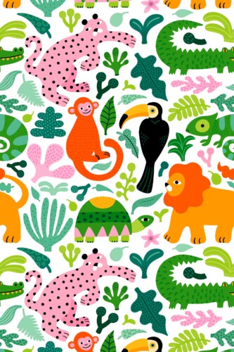 Fancy Walls removable wallpaper showcasing colorful storybook-style jungle animals ideal for a fun nursery space.