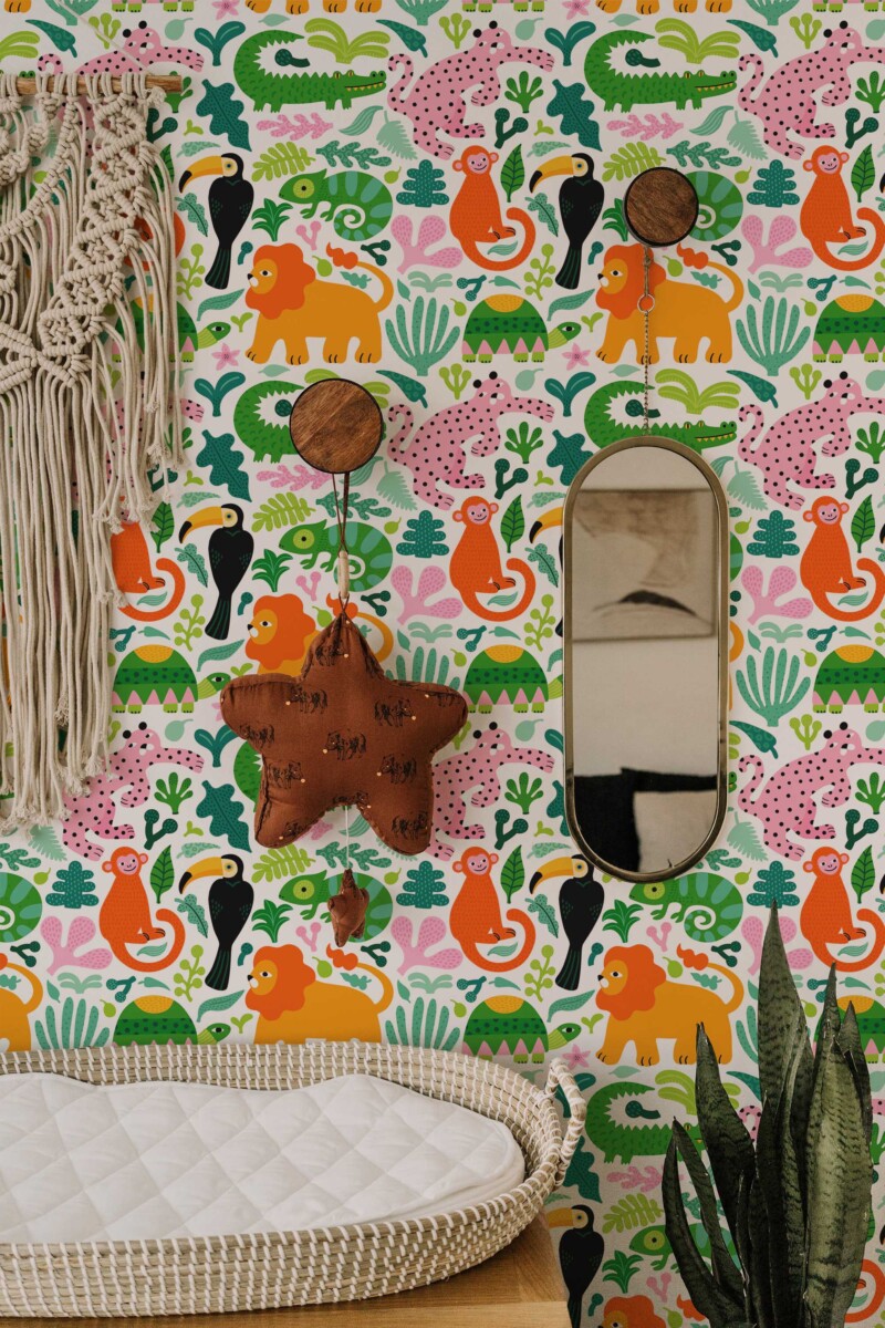 Fancy Walls traditional wallpaper presenting colorful jungle creatures arranged in a lively, storybook-inspired layout.