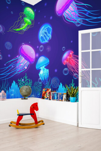 Fancy Walls Neon Jellyfish Dance peel and stick wall mural with bright glowing jellyfish and coral details.