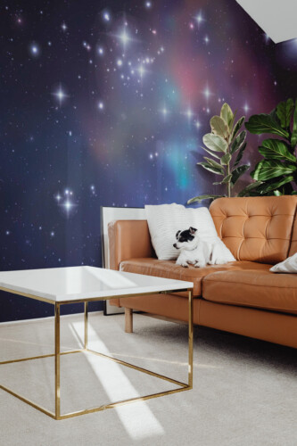 Fancy Walls Cosmic Starfield peel and stick wall mural with glowing stars and dreamy nebula hues in a deep night sky.