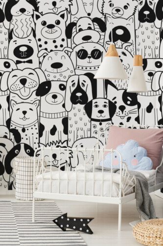 Fancy Walls Doodle Dogs peel and stick wall mural featuring hand-drawn dog doodles in a playful black and white design.