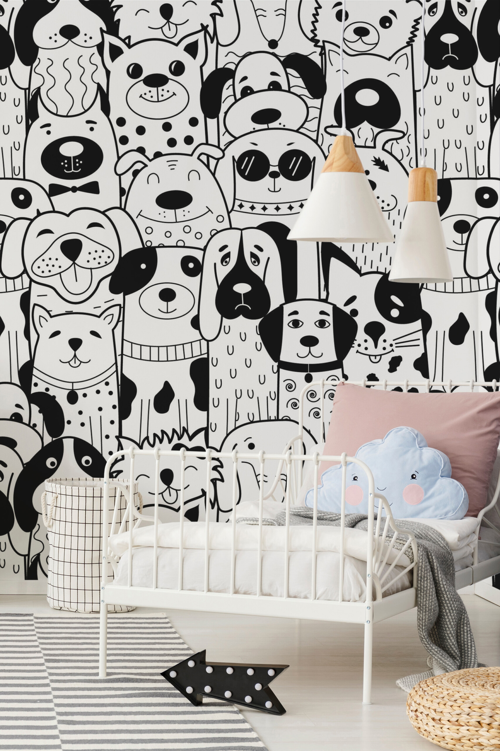 Fancy Walls Doodle Dogs peel and stick wall mural featuring hand-drawn dog doodles in a playful black and white design.